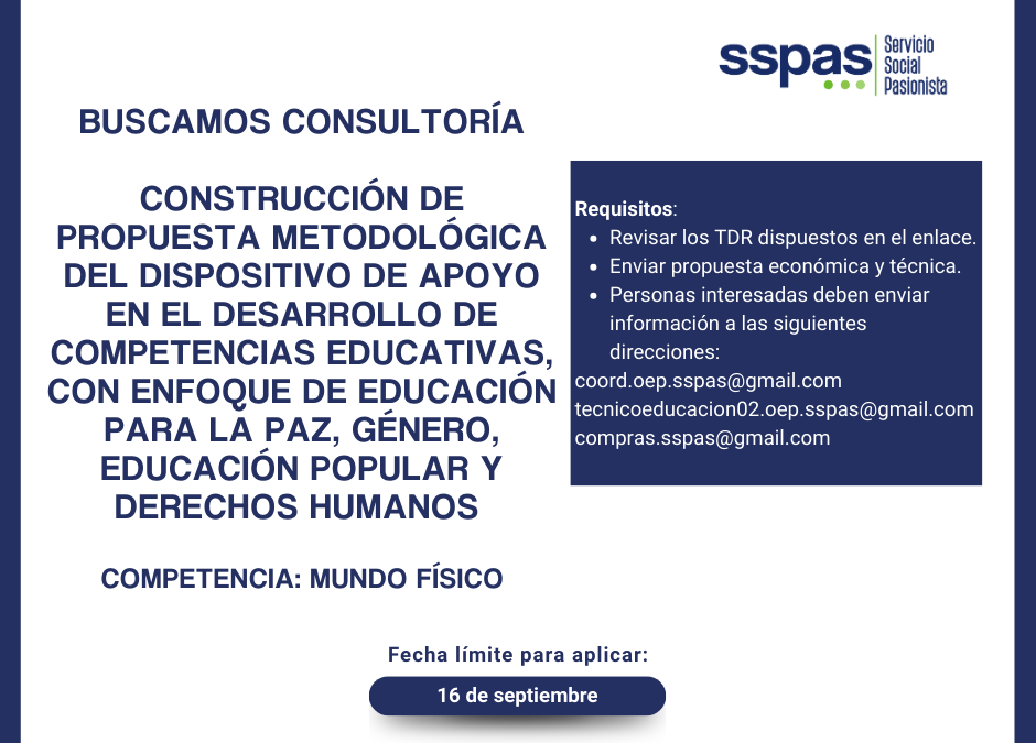 Construcción de propuesta metodológica del dispositivo de apoyo en el desarrollo de competencias educativas, con enfoque de educación para la paz, género, educación popular y derechos humanos. Competencia: mundo físico